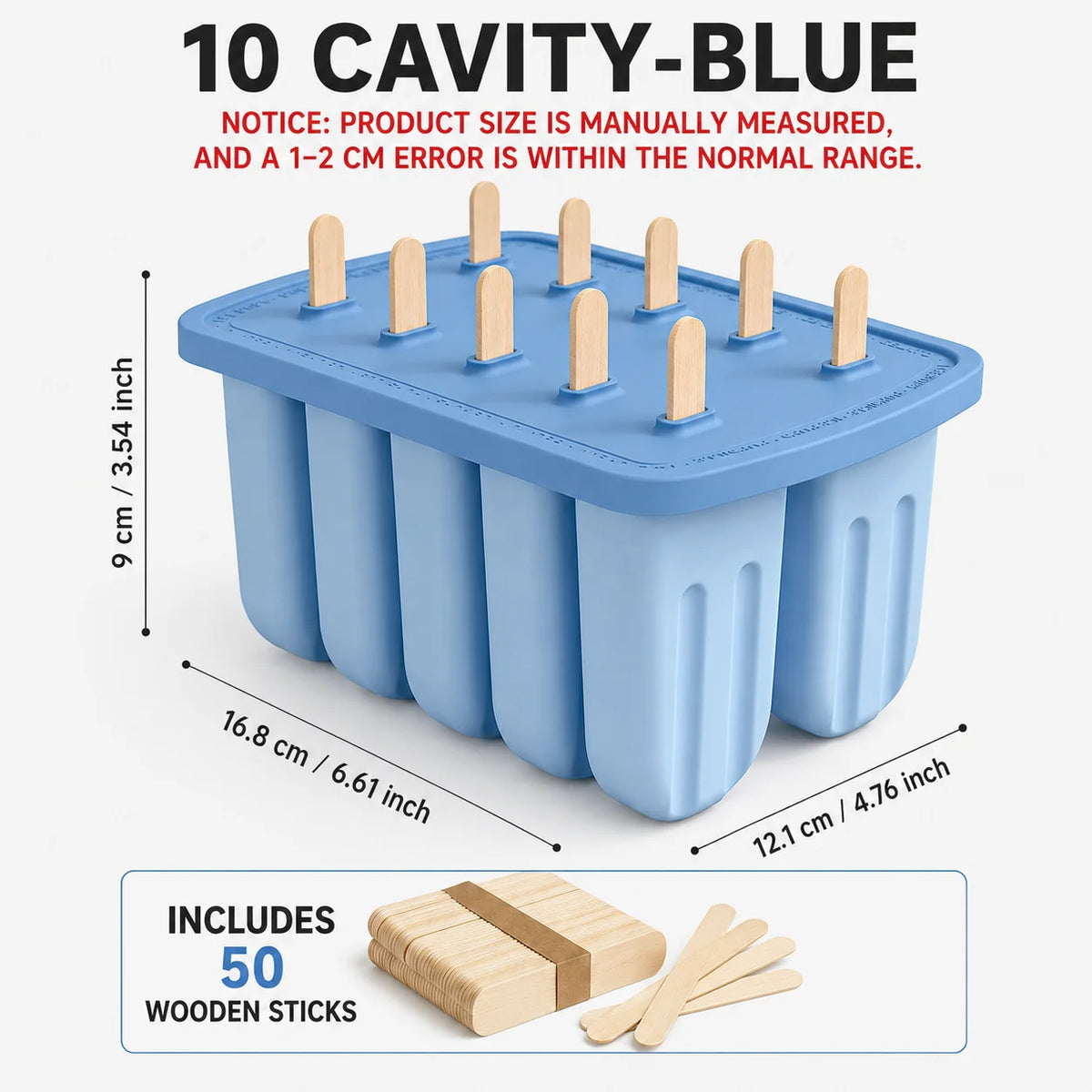 10-Cavity BPA Free Silicone Popsicle Mold with 50 Wooden Sticks Ice Pop Mold Axl 10 Cavity-Blue