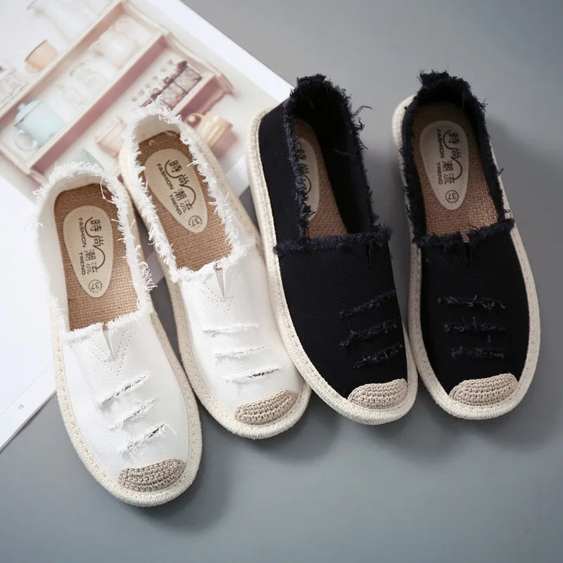 Women's Flat Slip-On Canvas Loafers – Casual Ripped Lazy Shoes Canvas Slip-On Loafers Axl