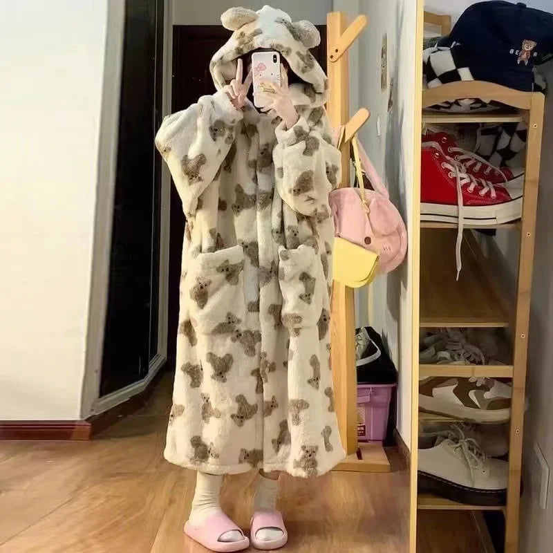 Women's Hooded Flannel Pyjama Set – Cute Bear Fluffy Robe Hooded Pyjama Set Axl