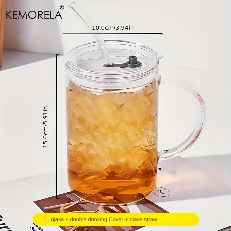 1000ml Glass Mug with Lid & Straw – Milk, Tea & Coffee Cup Glass Mug Axl