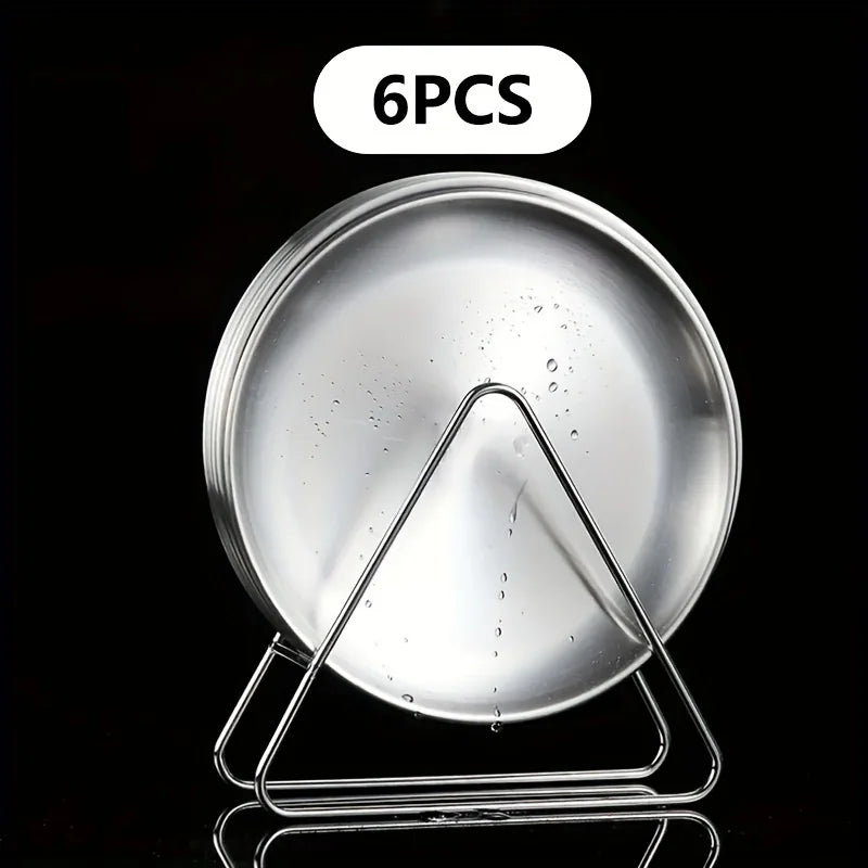 6-Piece Stainless Steel Camping Plate Set with Storage Rack Camping Plate Set Axl Silvery