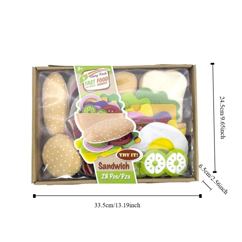 28-Piece Felt Food Play Set – Kids Burger & Sandwich Toy Pretend Play Food Set Axl