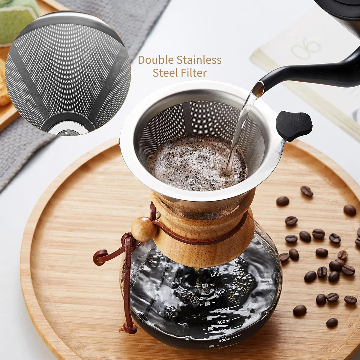 Pour-Over Glass Coffee Maker | Stainless Steel Filter & Wooden Collar Pour-Over Coffee Maker Axl