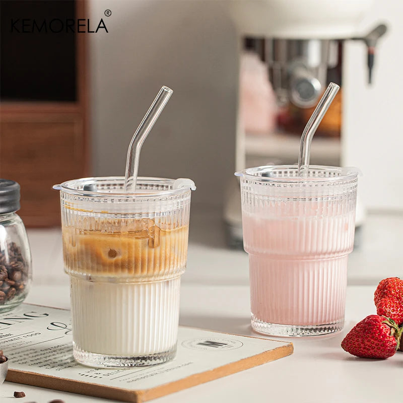 450ml Striped Glass Cups with Lid & Straw | Set of 1 or 2 Glass Drinking Cup Axl