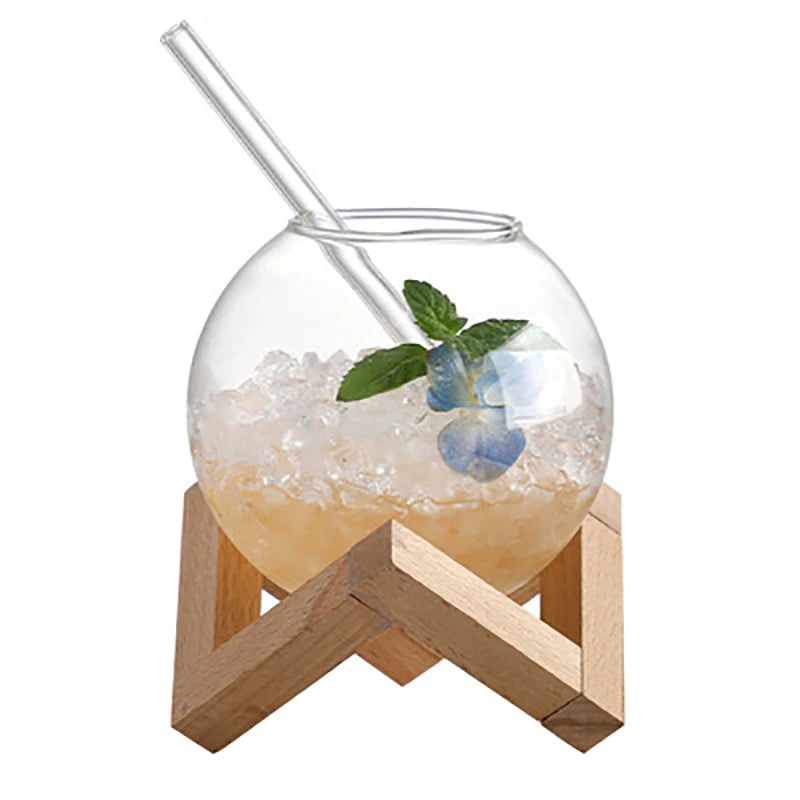 Round Ball Cocktail Glass with Wood Stand | Creative Bar Tumbler Cocktail Glass Axl