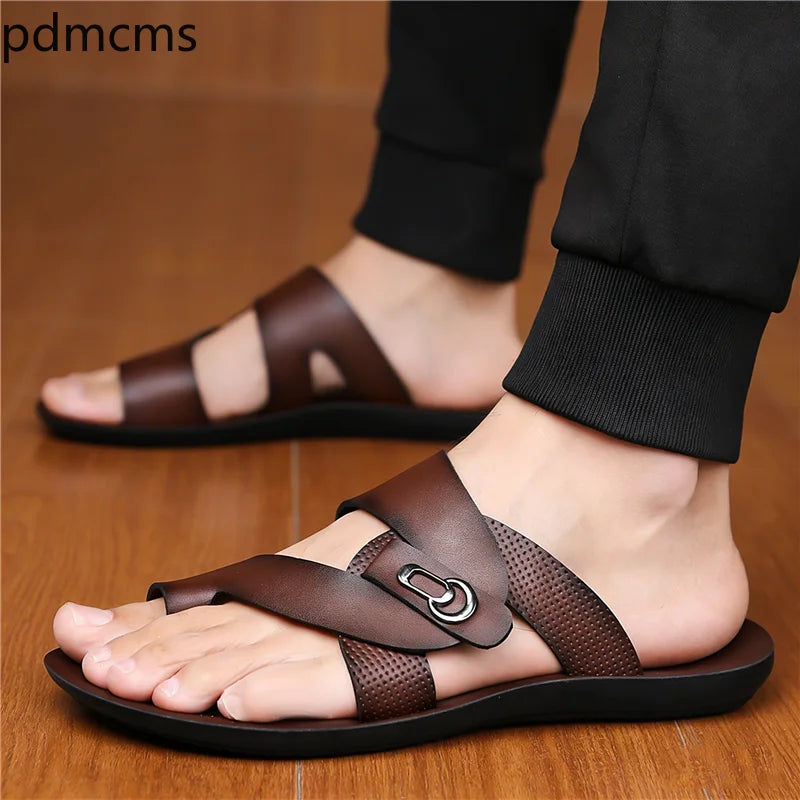 Men's PU Leather Beach Slippers – Non-Slip Flat Sandals Men's Beach Sandals Axl