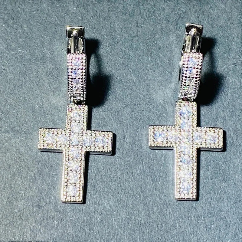 Huitan Crystal CZ Cross Dangle Earrings | Hip Hop Statement Crystal Drop Earrings Axl