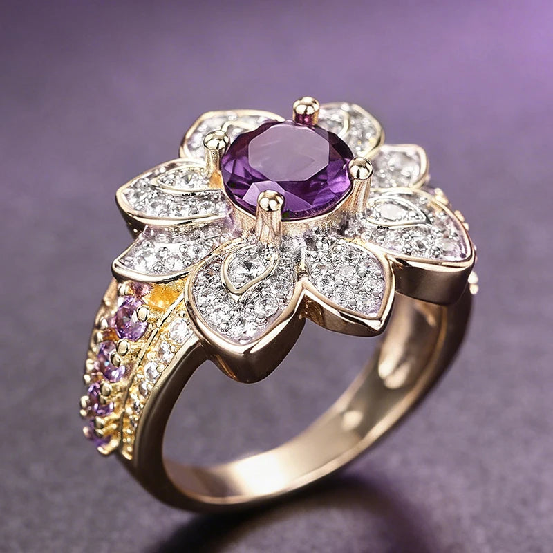 Huitan Two-Tone Flower Ring – CZ Pave Women's Wedding Band Fashion Ring Axl