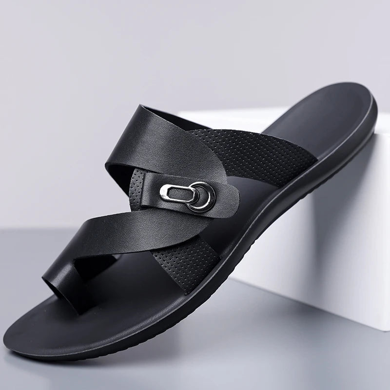 Men's PU Leather Beach Slippers – Non-Slip Flat Sandals Men's Beach Sandals Axl black 41
