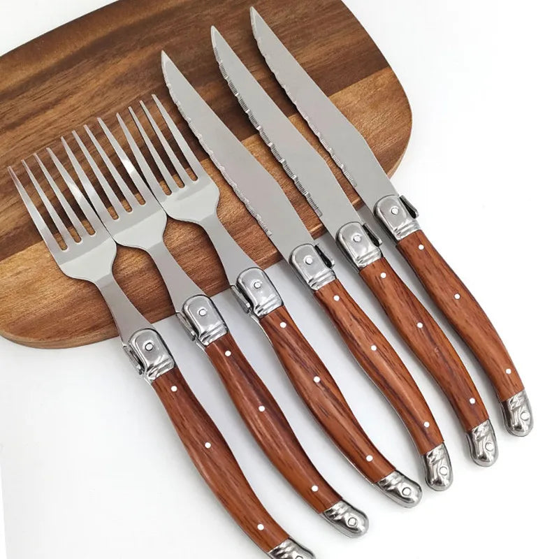 6pc Laguiole Steak Knife & Fork Set – Wood Grain Handle Steak Knife Fork Set Axl