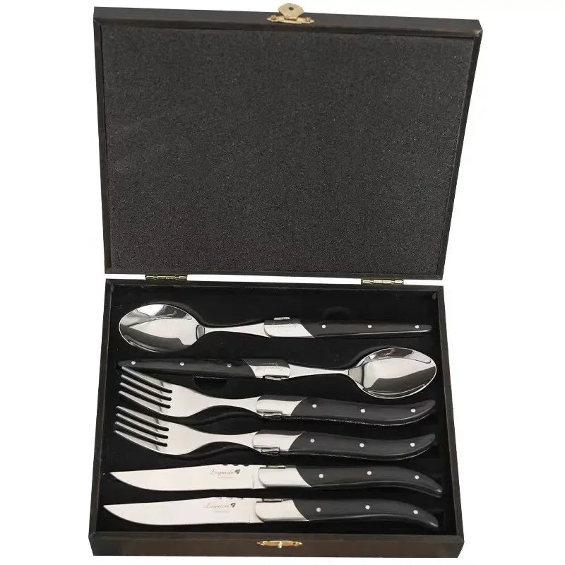 6-Piece Laguiole-Style Steak Knife & Fork Set | Wood Handle Steak Cutlery Set Axl black cutlery set