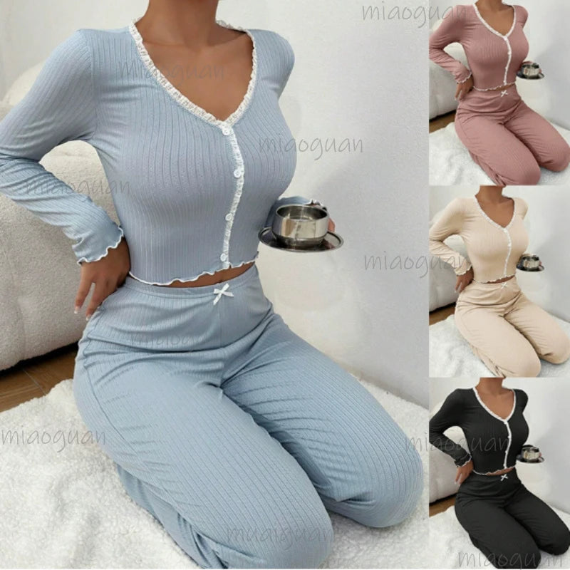 Women's Lace Trim Pajama Set – Long Sleeve Top & Trousers Women's Pajama Set Axl