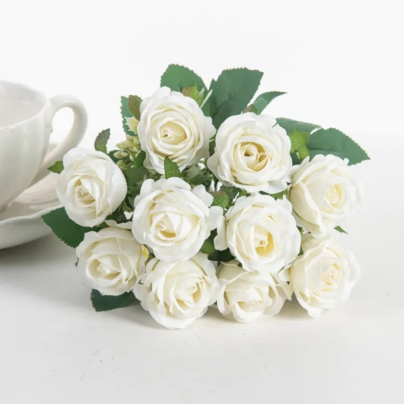 10-Head Silk Rose Bouquet – Artificial Flowers for Home Decor Artificial Flower Bouquet Axl (WHITE)