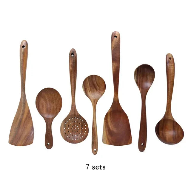 Teak Wood Kitchen Utensil Set – Spoon, Ladle, Turner & Skimmer Wood Cooking Utensil Set Axl 7PCS