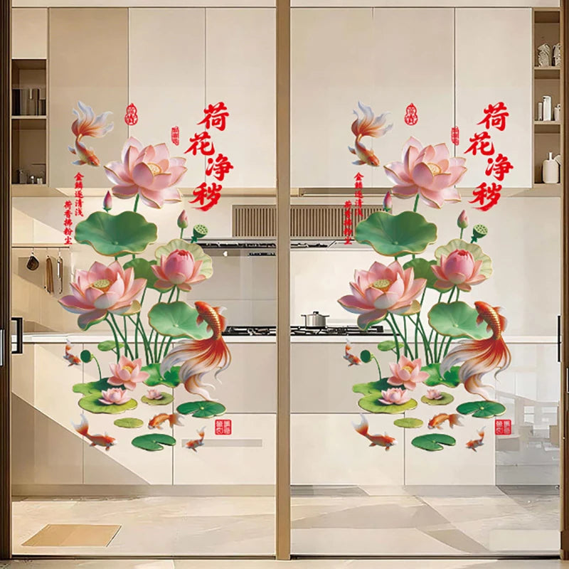 3D Koi & Golden Lotus Glass Door Sticker | Chinese PVC Decal Glass Door Decal Axl
