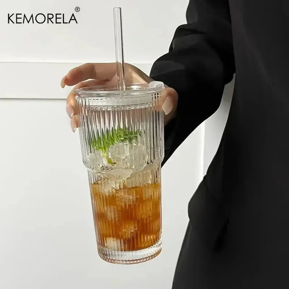 KEMORELA 600ml Stripe Glass Cup with Lid & Straw Glass Tumbler Axl