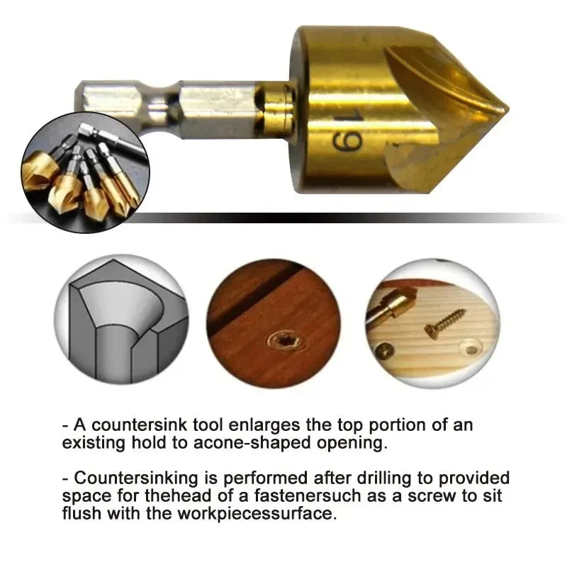 6PC Countersink Drill Bit Set 6–19mm | Titanium Chamfering Tool Countersink Drill Set Axl