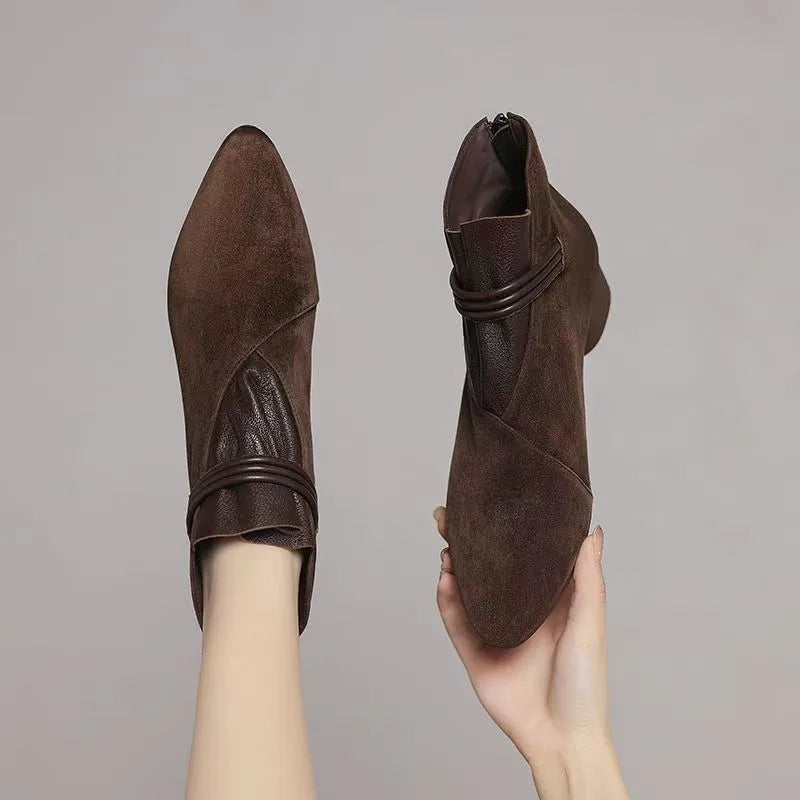 Women's Suede Ankle Boots | Pointed Toe Double Buckle Side Zip Women's Ankle Boots Axl brown 40