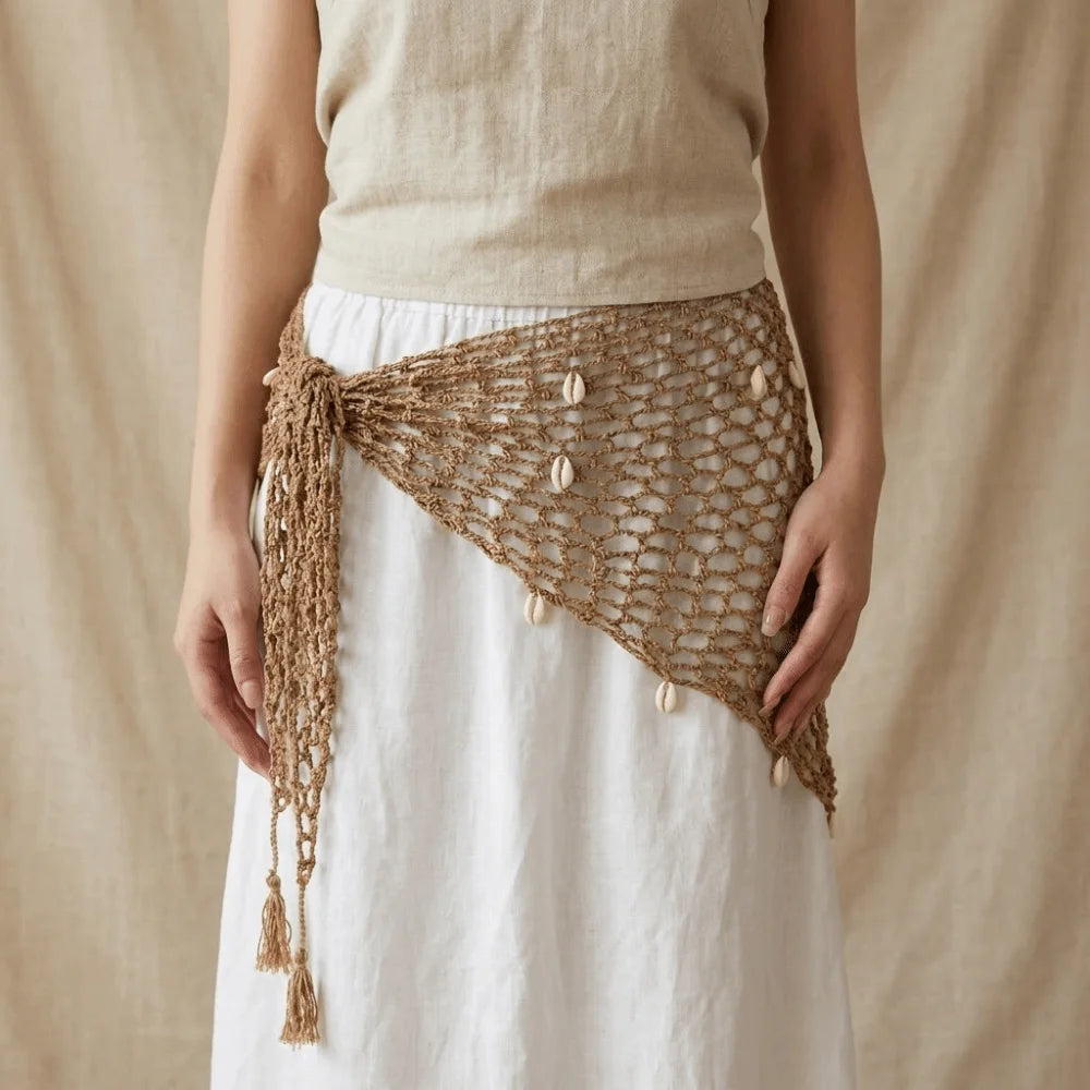 Korean Crochet Mesh Hip Scarf Wrap Skirt with Waist Belt Hip Scarf Wrap Axl Brown