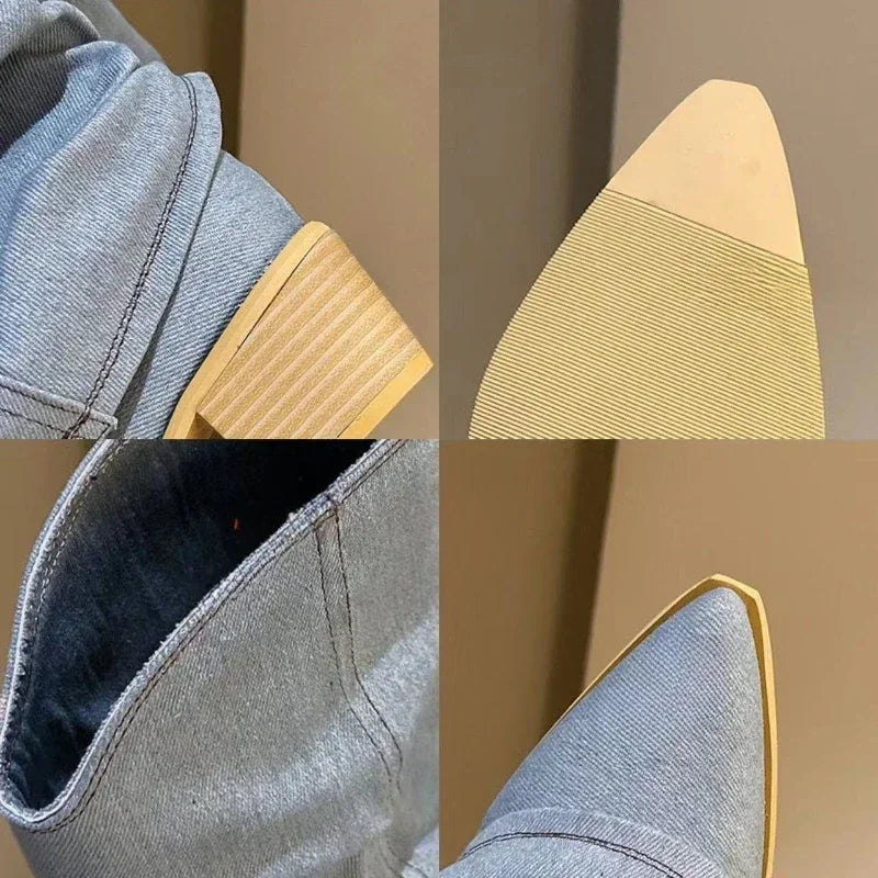 Pleated Blue Denim Chelsea Boots – Women's Square Heel Slip-On Women's Chelsea Boots Axl