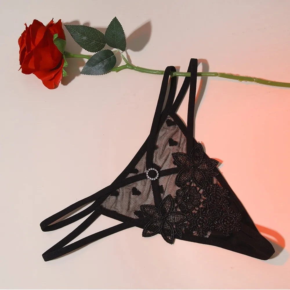 Women's Low Rise Floral Embroidery Thong – Lace Bikini Brief Thong Panties Axl Black One Size 1pc