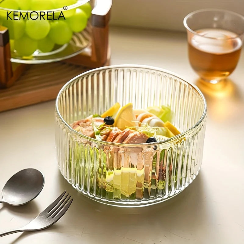 KEMORELA Striped Glass Salad & Fruit Bowl – Serving Dish Glass Serving Bowl Axl