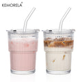 450ml Striped Glass Cups with Lid & Straw | Set of 1 or 2 Glass Drinking Cup Axl 2PCS 450ml
