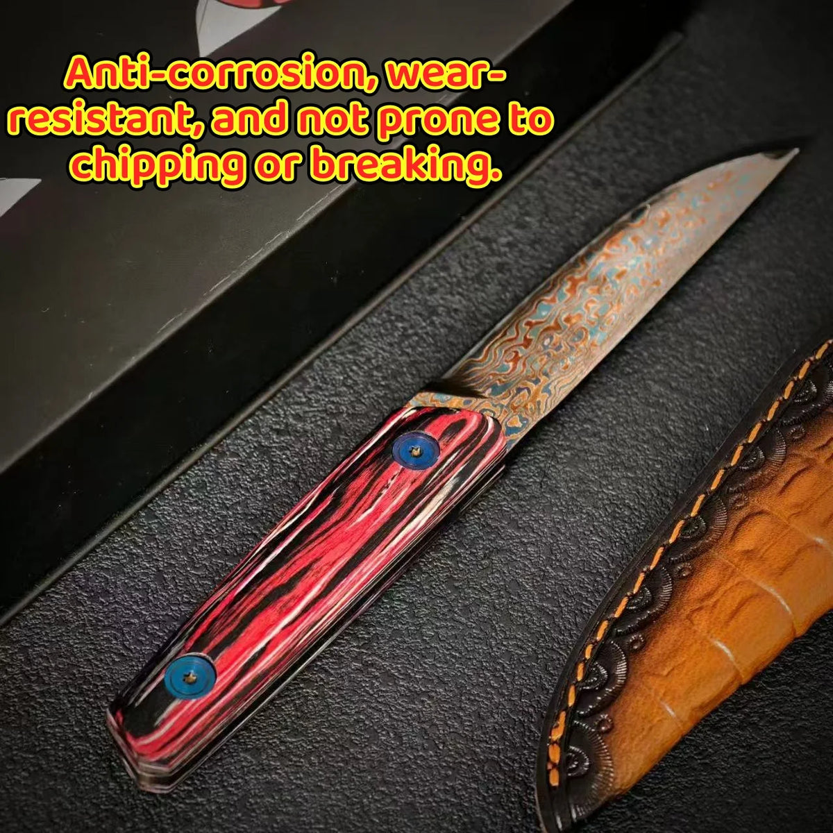 Damascus Steel Utility Knife – Colored Wood Handle & Sharp Blade Damascus Kitchen Knife Axl