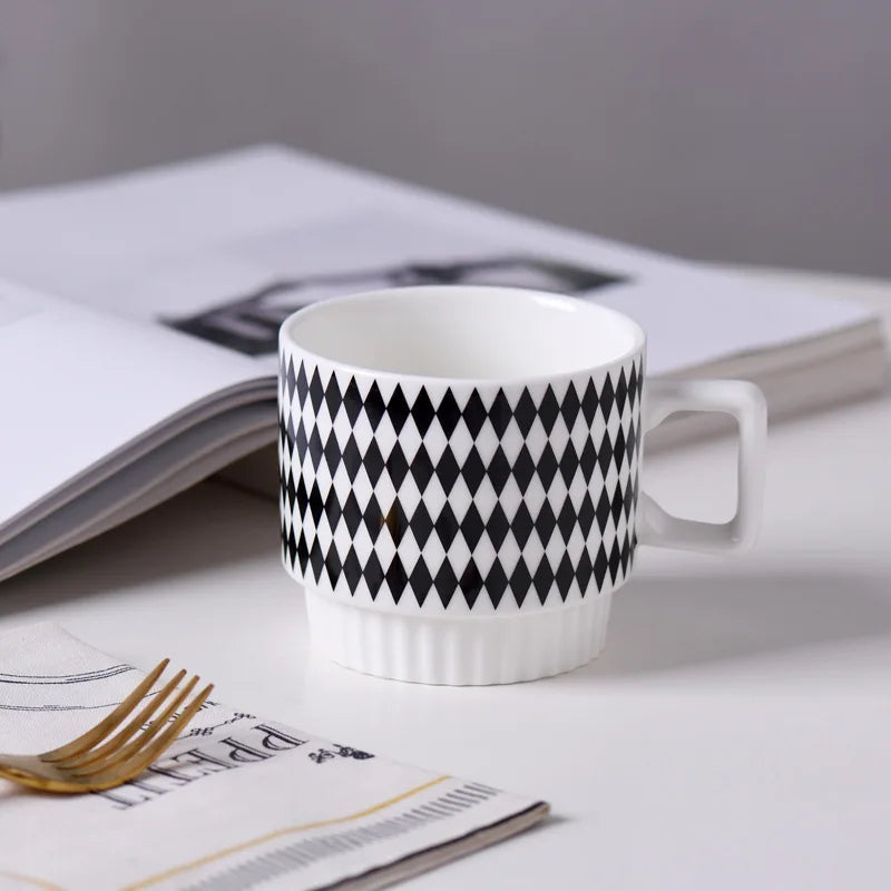 KEMORELA Nordic Ceramic Mug – Stackable Coffee & Tea Cup Ceramic Coffee Mug Axl Diamond Pattern 301-400ml