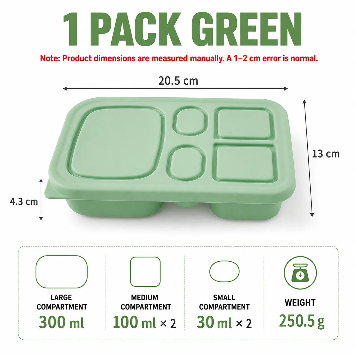 Silicone Bento Lunch Box – 5-Compartment Food Container Bento Lunch Box Axl 1 PACK Green