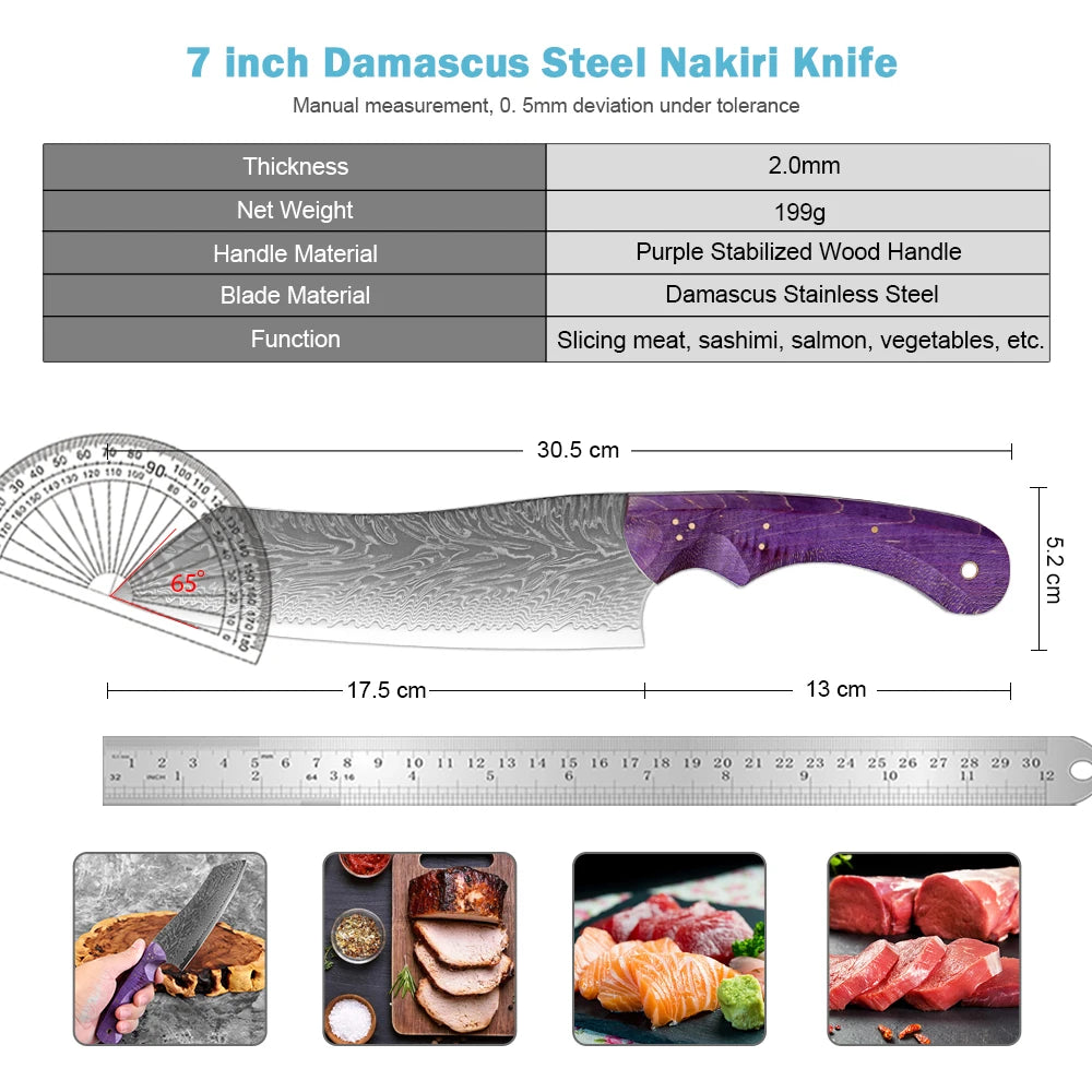 XITUO 7-Inch Damascus Santoku Knife – Purple Wood Handle Santoku Kitchen Knife Axl