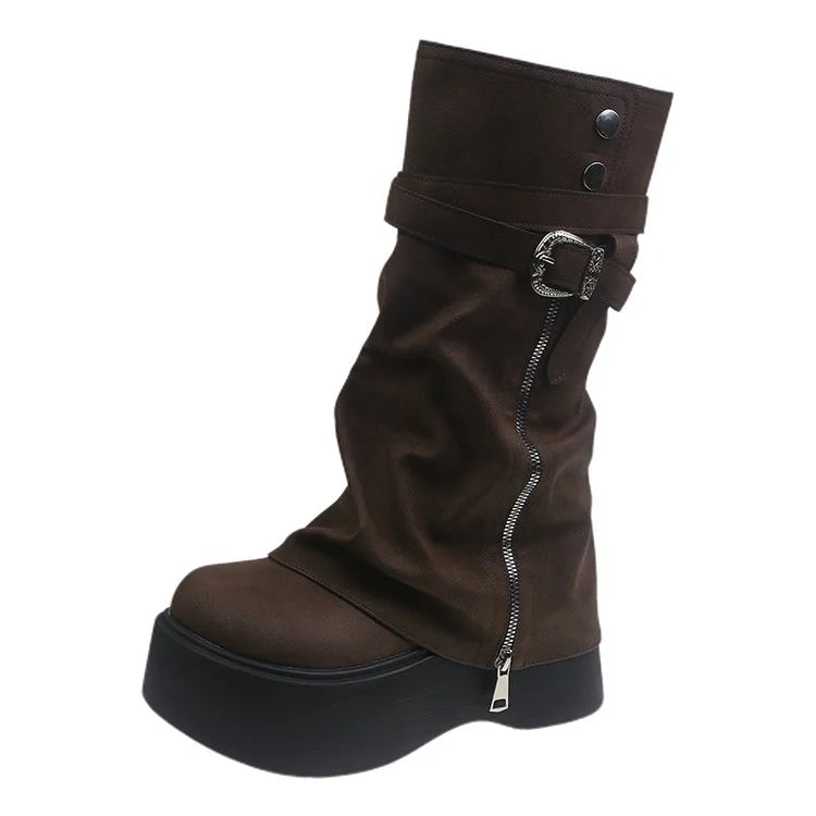 Women's Retro Platform Knight Boots | Side Zipper Mid-Calf Platform Knight Boots Axl 36 Brown