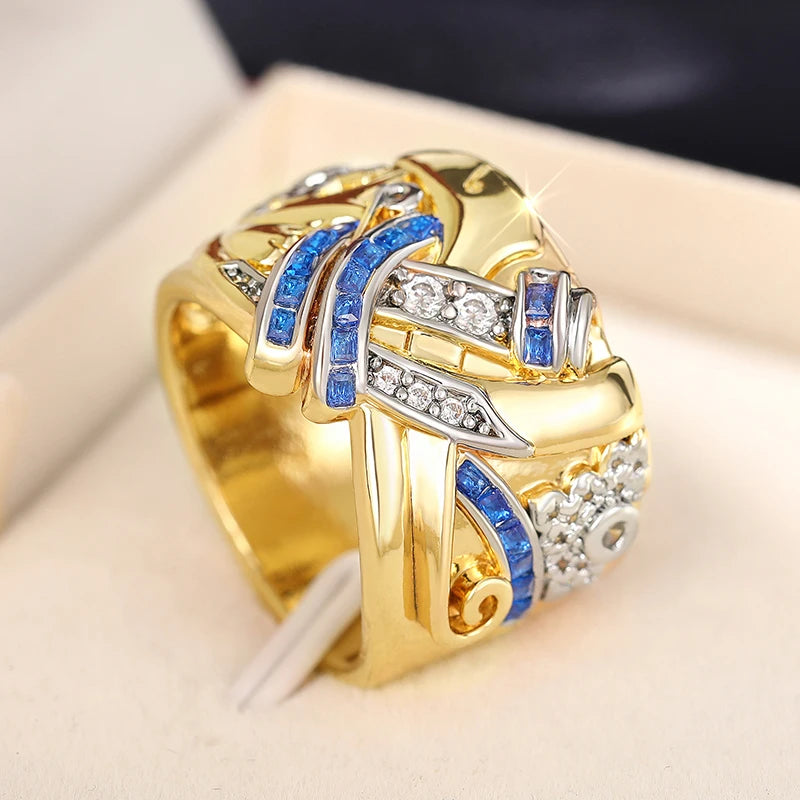 Huitan Two-Tone Flower Ring for Women – Blue & White CZ Fashion Ring Axl