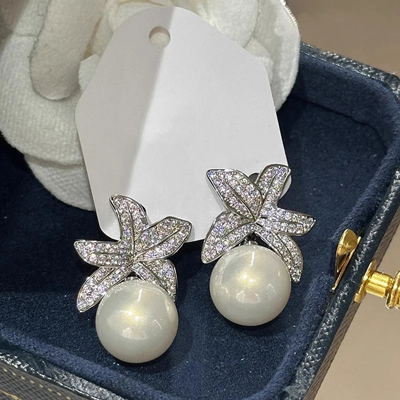 Huitan Flower Simulated Pearl Drop Earrings – Women's Fashion Pearl Drop Earrings Axl