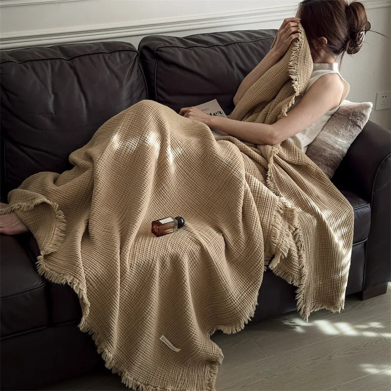 4-Layer Cotton Muslin Throw Blanket – All-Season Adult Cotton Throw Blanket Axl khaki-1pc 150x200cm