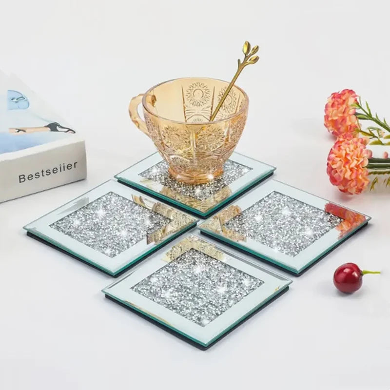Rhinestone Mirror Glass Cup Coaster – Silver Luxury Mat Decorative Coaster Axl