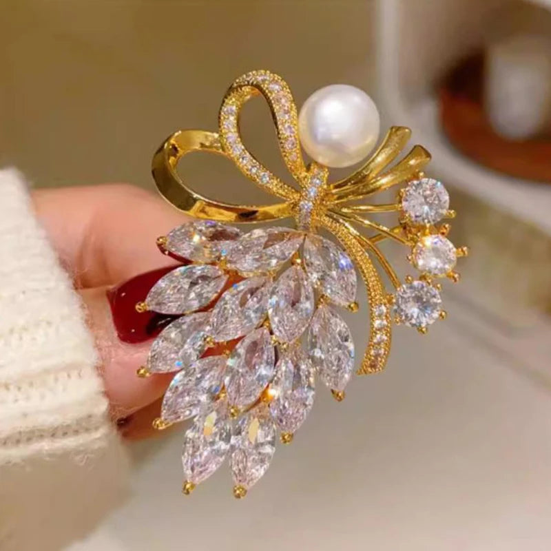 Rhinestone Crystal Bow Pearl Brooch – Women's Fashion Pin Fashion Brooch Pin Axl