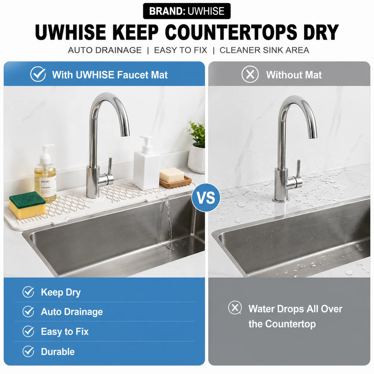 Uwhise Silicone Faucet Mat – Sloped Sink Splash Guard & Drip Tray Silicone Sink Mat Axl