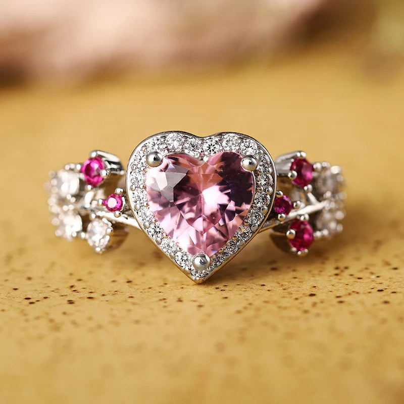 Huitan Pink Heart CZ Ring – Women's Wedding & Engagement Band CZ Fashion Ring Axl