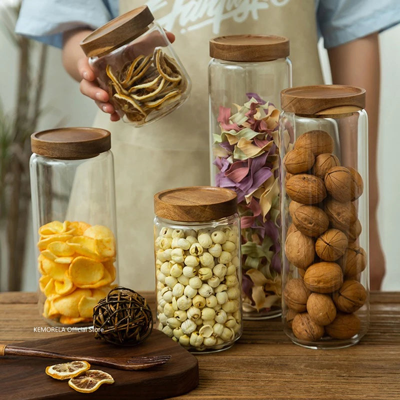 KEMORELA Glass Airtight Canister with Wood Lid | Kitchen Storage Glass Storage Canister Axl