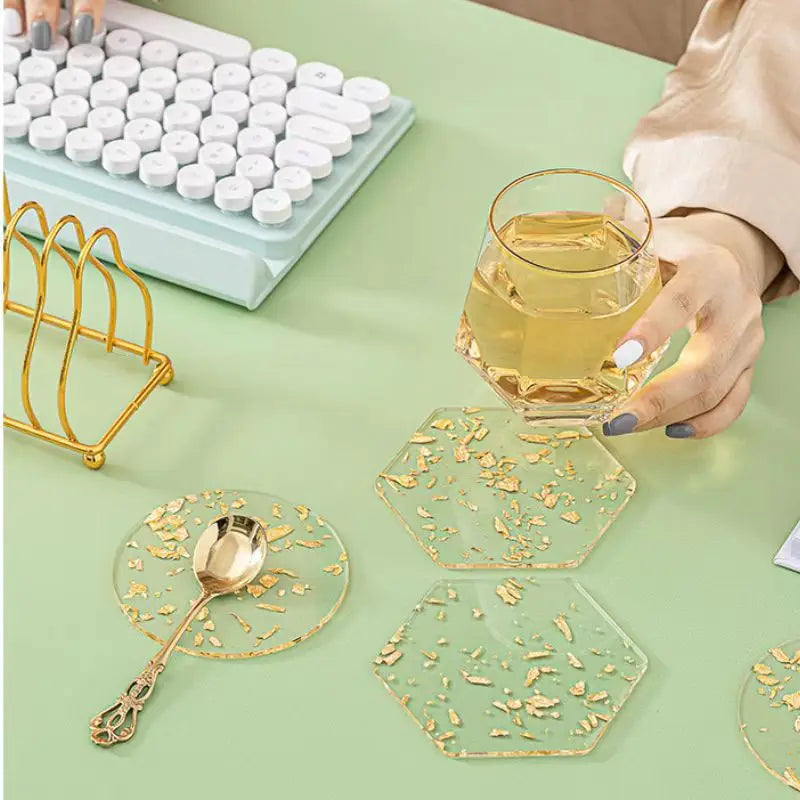 4-Piece Golden Foil Acrylic Coaster Set – Heat Resistant Pads Acrylic Coaster Set Axl