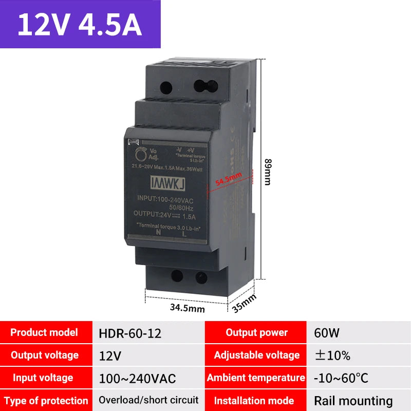 DIN Rail Switching Power Supply AC–DC 5V–48V | HDR-30/60/100 DIN Rail Power Supply Axl HDR-60-12