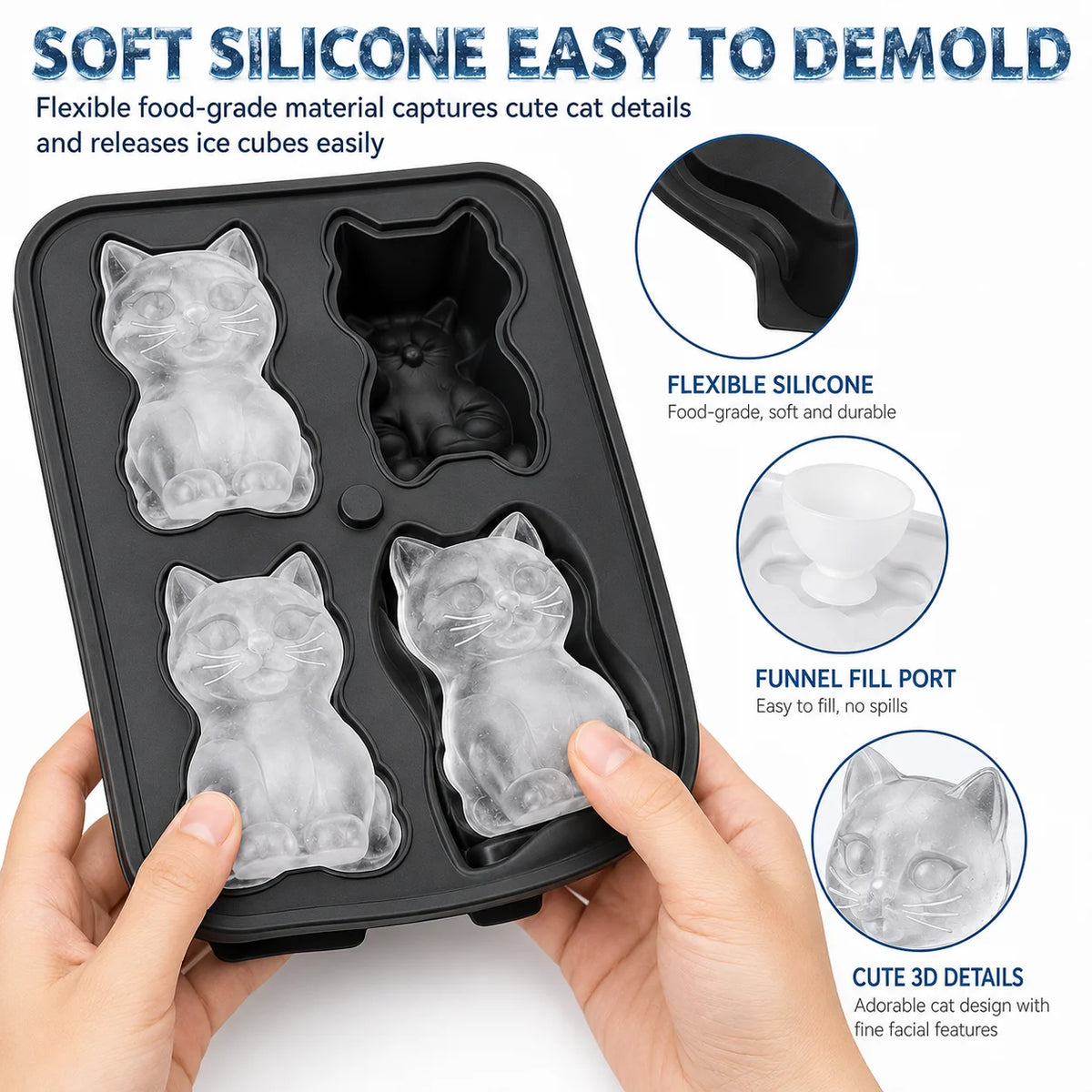 4-Cavity 3D Cat Silicone Ice Cube Tray Mold with Funnel Silicone Ice Cube Mold Axl
