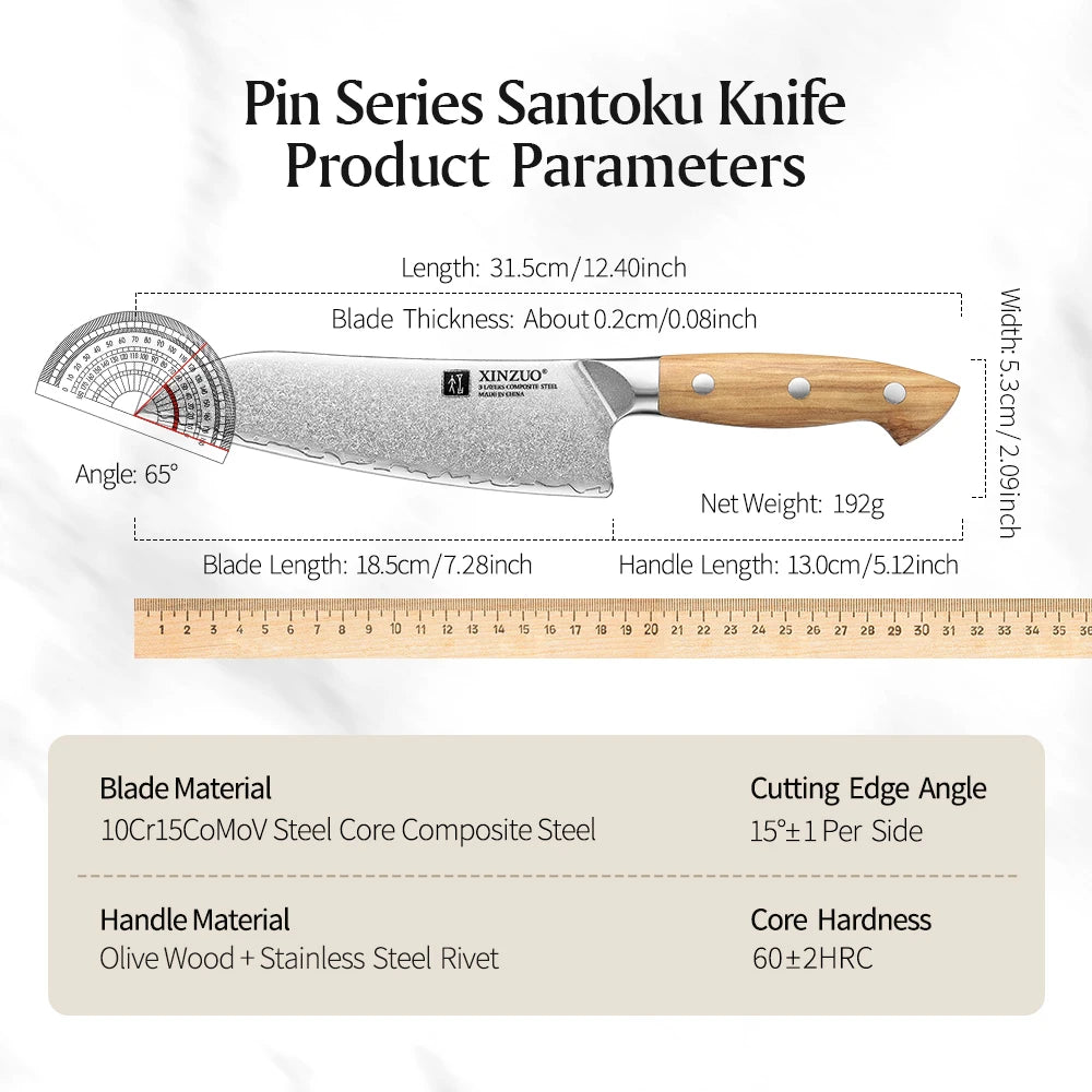 XINZUO 7.28" Damascus Santoku Knife – Olive Wood Handle Gift Box Santoku Knife Axl