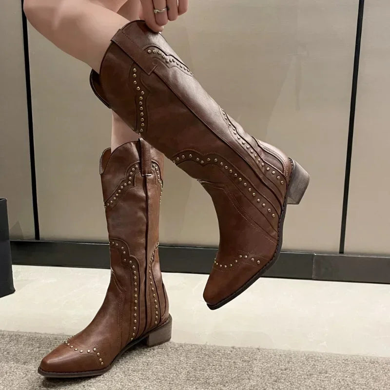 Women's Retro Rivet Mid-Calf Cowboy Boots | Slip-On Western Western Cowboy Boots Axl