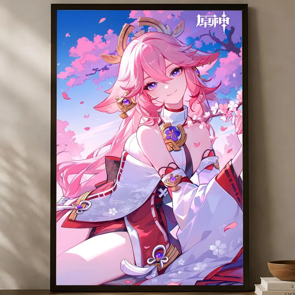 Yae Miko Self-Stick HD Wall Poster – Waterproof Anime Decor Wall Art Poster Axl White09 50X70cmNoframe