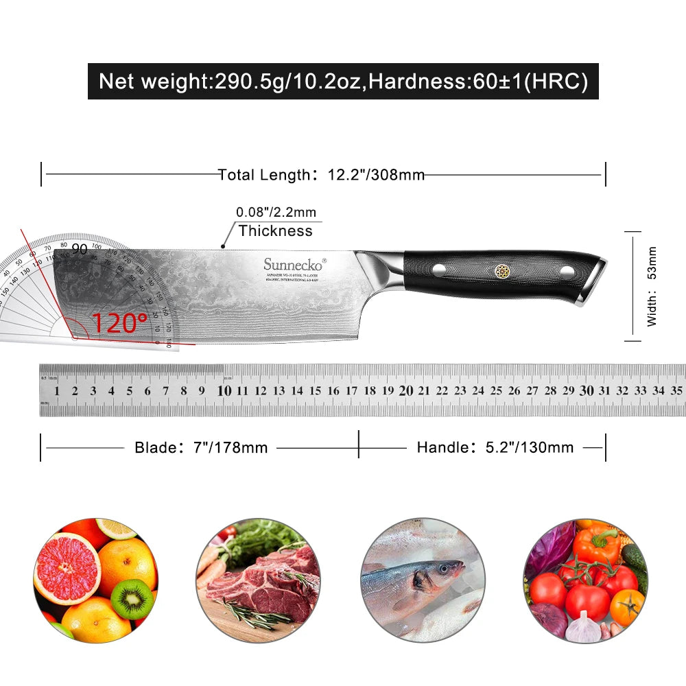 Sunnecko 7" Nakiri Knife – 73-Layer Damascus VG10 Steel Damascus Nakiri Knife Axl
