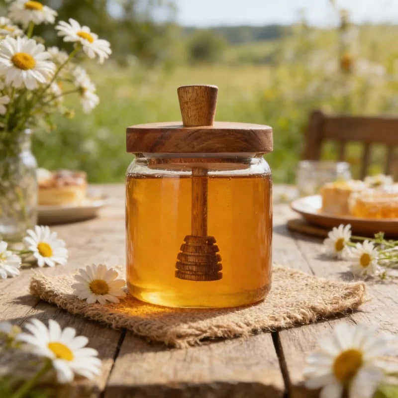 Glass Honey Jar with Dipper & Lid | Wide Mouth Syrup Dispenser Glass Honey Jar Axl 1PCS