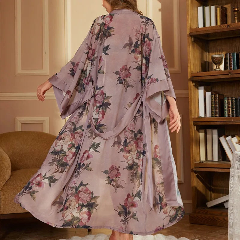 Women's Satin Floral Robe – Long Sleeve Lace-Up Bathrobe Satin Bathrobe Axl