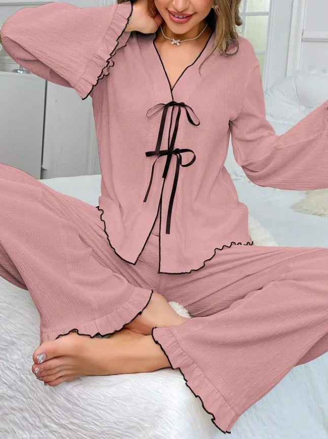 Women's V-Neck Pajama Set – Long Sleeve & Pants Loungewear Women's Pajama Set Axl pink M